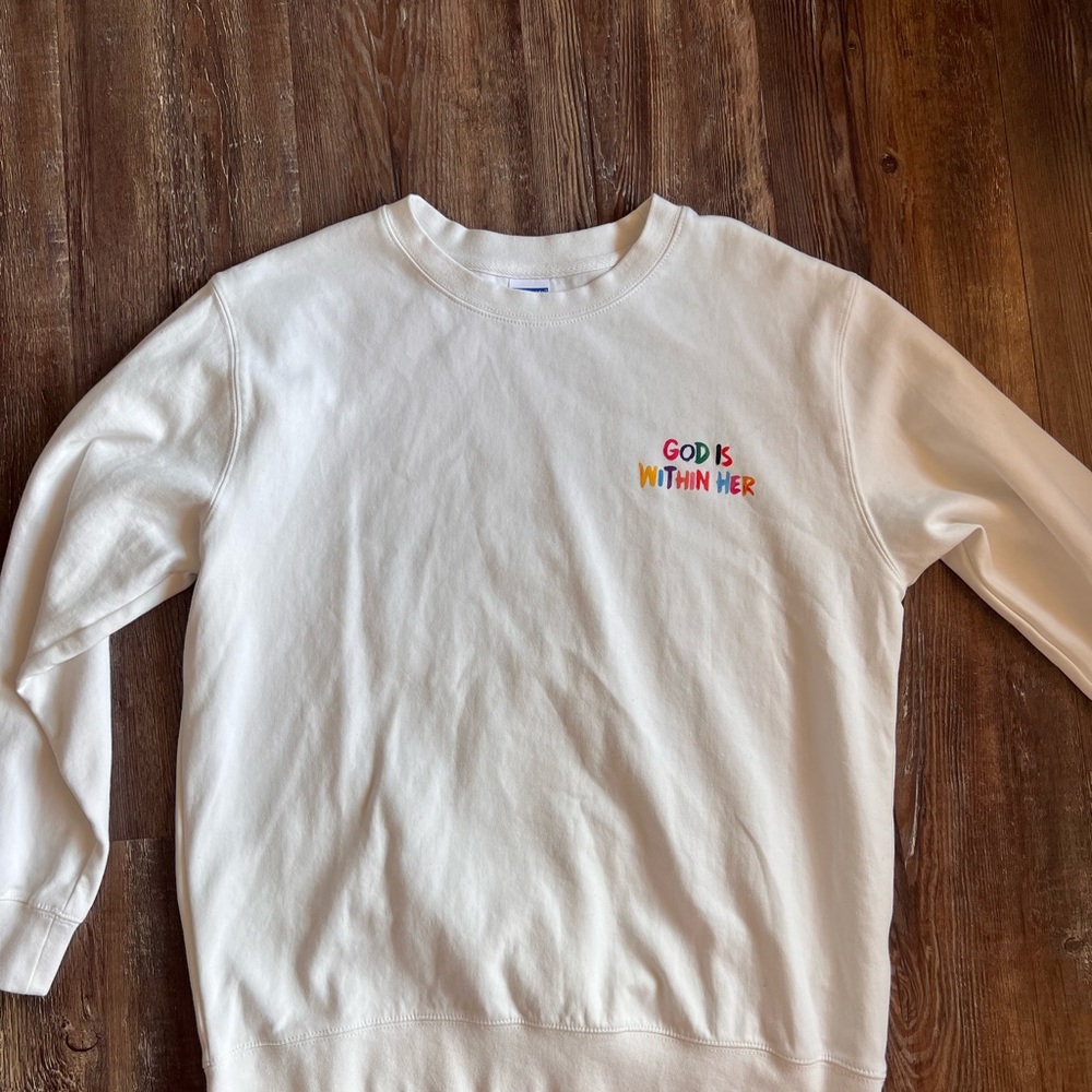 White Sweatshirt with Multicolor Text